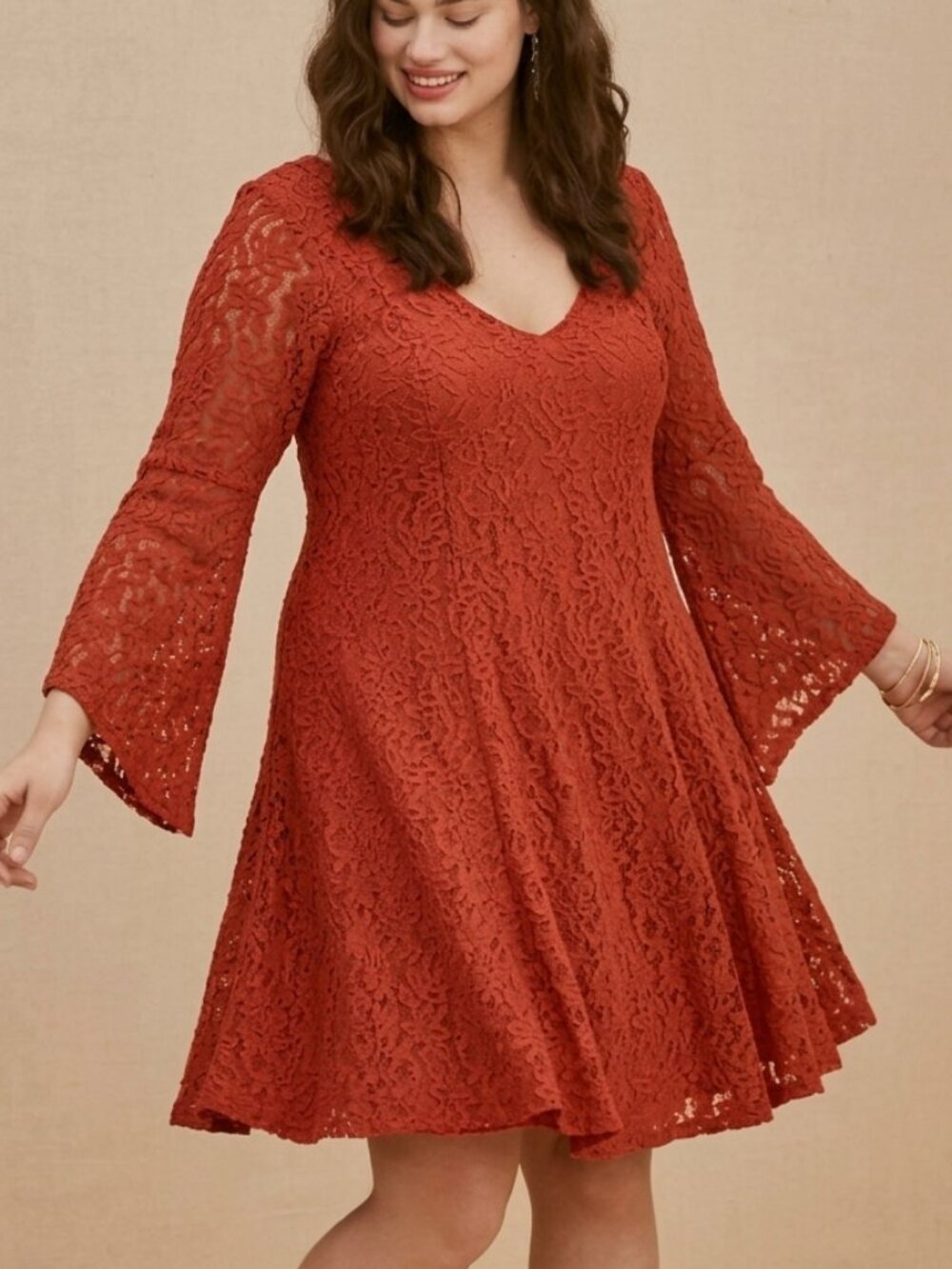 TORRID 2 Plus Size Lace Bell Sleeve Fluted Mini Dress Rust Terracotta Boho Fall